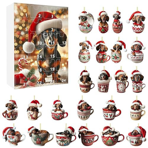 2024 Weihnachts-Dackel-Adventskalender, 24 Tage Weihnachts-Countdown-Kalender mit 2D-Acryl, lustige Dackel, Figur, Weihnachtsbaumschmuck