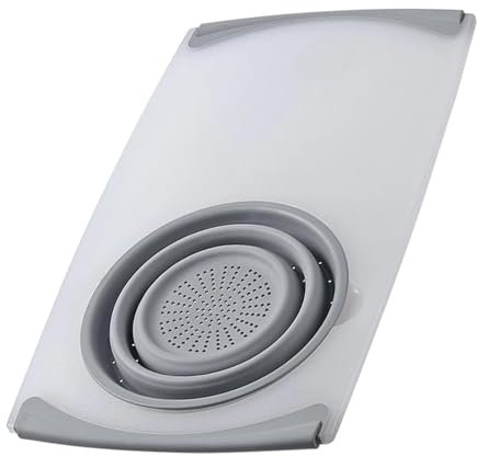 Fellflying Over The Sink Cutting Board with Strainer | Chopping Board with Containers,Over The Sink Poly Cutting Board with Foldable Colander Strainer for Parties