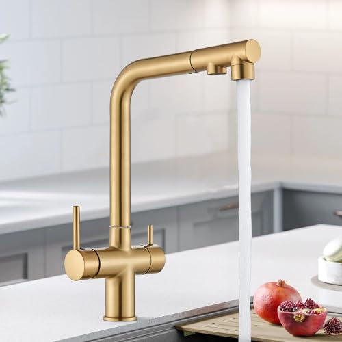 HARNART Wasserhahn Küche Gold 3 Wege Wasserhahn Mischbatterie Küche Zweigriffige Edelstahl-Spülarmaturen Küche mit Trinkwasserauslauf und 360°Schwenkbar Spültischarmatur Küche