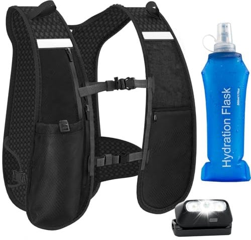 Nextyu Running Vest, Adjustable Reflective Hydration Vest Pack with Phone Holder, 500ml Soft Water Bottle and Headlamp, Perfect for Men Women Running Cycling Hiking Climbing