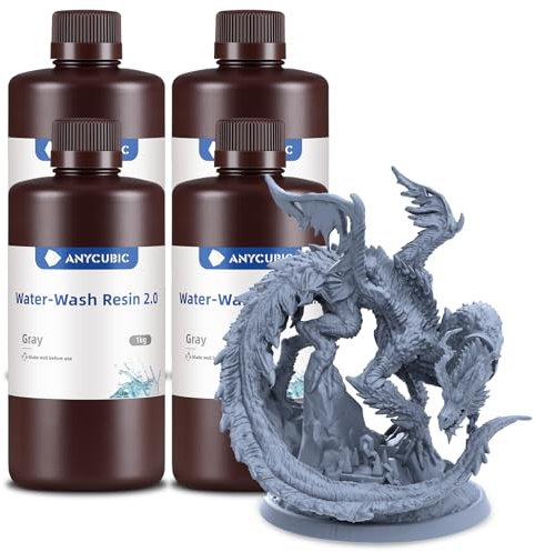ANYCUBIC Wasser Abwaschbar Resin 2.0, 3D Drucker Resin Water Washable, Anti-Vergilbung, UV Resin 405nm Standard Photopolymer Harz Geringer Geruch für alle LCD 3D Drucker, Grau, 1kg, 4pcs