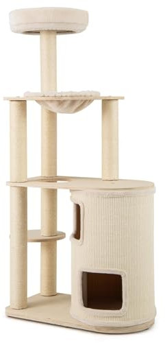 COSTWAY 151cm Kratzbaum Holz, Katzenbaum Groß, Katzenkratzbaum mit 2-stöckigem Katzenhöhle & Hängematte & Sisal-Kratzpfosten, Aktivitätsbaum Mehrstöckig, Katzenmöbel Kletterbaum Katzenhaus, Natur