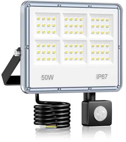 LAMLAMCK Foco LED Con Sensor De Movimiento - 2 Piezas 50W 5000LM 6 en 1 Luz Exterior Con Sensor De Movimiento, IP67 Impermeable Blanco 7000 K Proyector LED Exterior para Jardín, Patio, Garaje y Calle