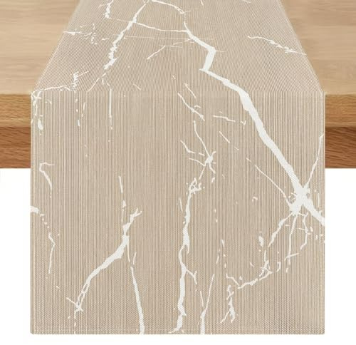 Tischläufer Modern 40x200 Beige Creme Gold Marmor Läufer Tisch Leinen Goldene Textur Rustikale Retro Tischläufer Saisonnal Küche Tisch Dekoration für Esszimmer Drinnen Urlaub Party Dekor