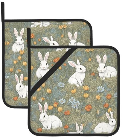YYHWHJDE Quadratischer isolierter Topflappen mit Hasen-Motiv, 20,3 x 20,3 cm, verbrühungsschutz und wärmeisolierend, wasserdicht, 2 Stück