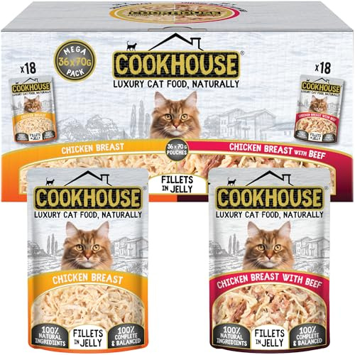 COOKHOUSE 100% Natural & Complete Luxury Wet Cat Food - 36 x 70g Pouches - Chicken Breast/Chicken Breast with Beef - Fillets in Jelly