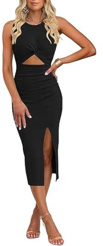Gkaopi Damen Kleider Sexy Cut Out Midi Kleid mit Schlitz Bodycon Elegant Ärmellos Rundhals Knielang Sommerkleid Figurbetontes Gerippt Tankkleid Cocktailkleid Partykleid Wickelkleid Midikleider