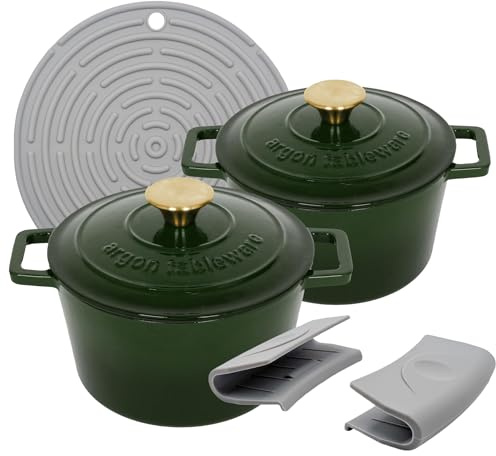 Argon Tableware Round Cast Iron Casserole Dishes with Self-Basting Lid - 2.8L - Green - 2x Induction Hob Cooking Dutch Oven Bread Baking Serving Roasting Stew Stock Pot Cookware Pan