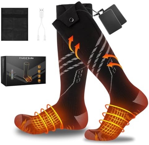 Beheizbare Socken Herren Damen Beheizte Socken mit 5000mAh/ 5V Wiederaufladbare Batterie, 4 Einstellbarer Temperatur Heizsocken für Outdoor Camping Angeln Radfahren Skifahren