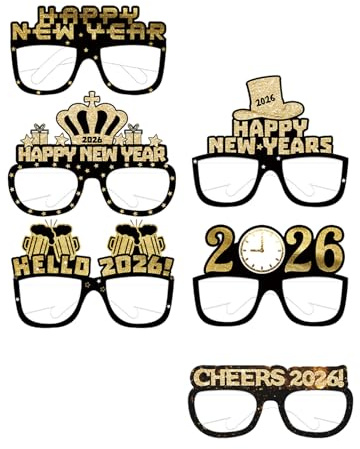 6Pcs Schwarz Gold Silvester Brille,2026 Silvesterparty-Dekoration,Silvester Deko 2026 Dekoration Set,Deko Silvester Party 2026,Papierbrillen für Foto Requisiten Silvester-Party Dekoration Zubehör