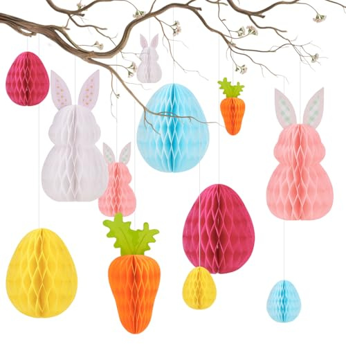 RNHDLY 12 Stück Osterdeko zum Aufhängen, Wabenfigur Ostereier Zum Aufhängen Papier Osterhase Wiederverwendbare Ostern Deko für Innen und Draußen Deko Frühling