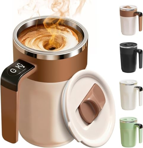 Générique Tasse à Café Auto-Mélangeante avec Affichage de Température - Tasse en Acier Inoxydable Rechargeable de 13.5 oz (380 ml) avec Couvercle, pour Café, Lait, Thé et Boissons Chaudes (Marron)