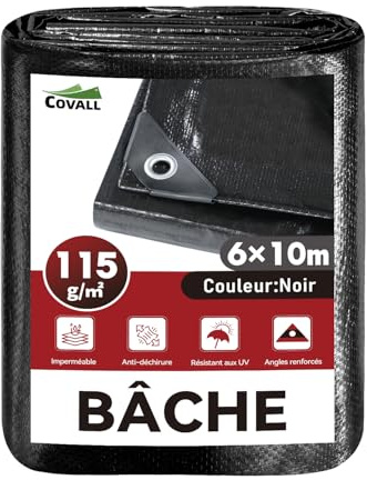 COVALL bâche Noire imperméable 115g/m² 6x10m, Protection extérieure | Anti-UV, Anti-déchirement,œillets métalliques Tous Les 50cm,Fixation Facile, pour Jardin, poulailler,Bois,Piscine,toiture