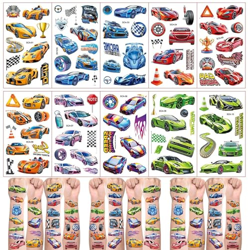 ZingBox 10 Blätter Rennwagen Tattoos für Kindergeburtstag Auto Deko Sportwagen Tattoos Set für Jungen Gastgeschenke Mitgebsel Kinder Racing Tattoo Wasserfest, Rennauto Tattoo für Kindergeburtstag