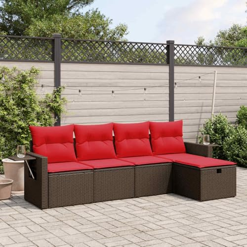 Hoopleep 5-teiliges Gartensofa-Set, braun, aus Polyrattan mit roten Kissen, modular, für Terrasse und Outdoor-Möbel, UV-beständig