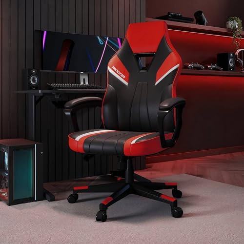 X-Rocker Tempest High Back Ergonomic Office Gaming Chair for Adults & Teens - Extra Wide Seat, Cushioned Armrest, Height Adjustable, Wipe-Clean Faux Leather - Red