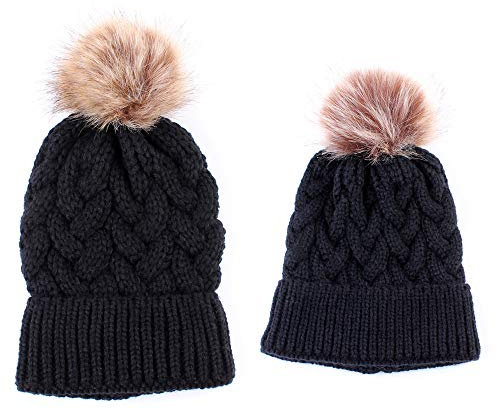 2PCS Mutter & Baby Strickmütze Winterwärmer Familie Häkelarbeithut Wollmütze Beanie Ski Hüte&Mützen (Schwarz)