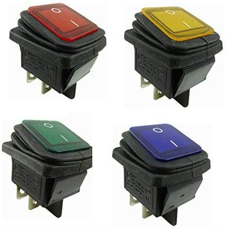 4 Stück Wasserdichte IP67 Wippschalter 2-pol (4 Pin) EIN-AUS 250V 16A, 1 pro Farbe - rot, gelb, grün, blau beleuchtbar