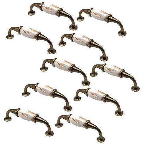 Set of 10 NUZAMAS Vintage Ceramic Cabinet Door Handles, Furniture Drawer Handles, Zinc Alloy, 110mm Long, Kitchen Cabinet Wardrobe Knobs Bars, Center to Center 96mm