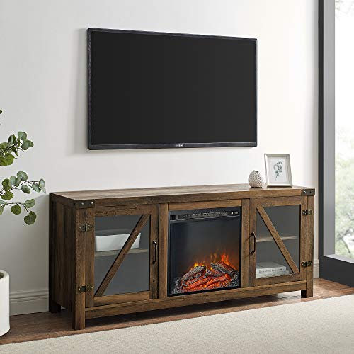 Walker Edison Farmhouse Barn Wood and Glass Fireplace Stand for TV's up to 64 Flat Screen Living Room Storage Cabinet Doors and Shelves Entertainment Center, 58 Inch, Reclaimed Barnwood