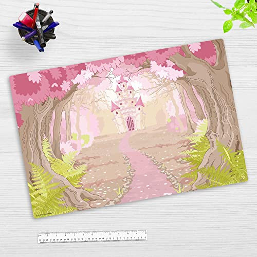 Schreibtischunterlage für Kinder – “Märchenschloss im rosa Zauberwald“ – aus erstklassigem Vinyl (Kunststoff) – 60 x 40 cm – Rutschfeste Schreibunterlage mit bestem Schutz – Made in Germany
