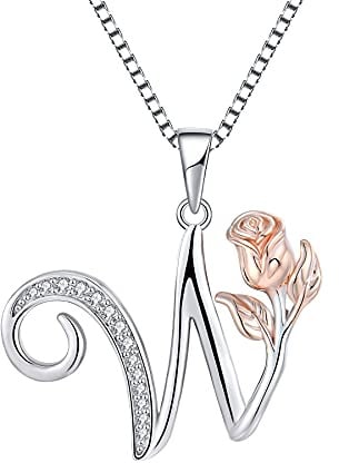 starchenie Collier Initial Alphabet Lettre W Rose Pendentif en Argent 925 avec Zircone Bijoux pour Femme