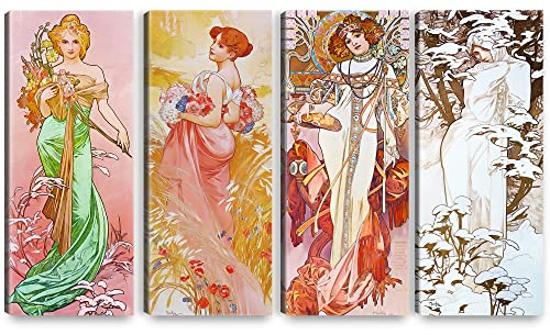 A&T ARTWORK The Seasons 1900 Frühling Sommer Herbst Winter von Alphonse Mucha 4-teiliges Wandbild, Bilder Poster für Heimbüro, Dekorationen, Giclée-Druck auf Leinwand, 76,2 x 30,5 cm, 4 Stück