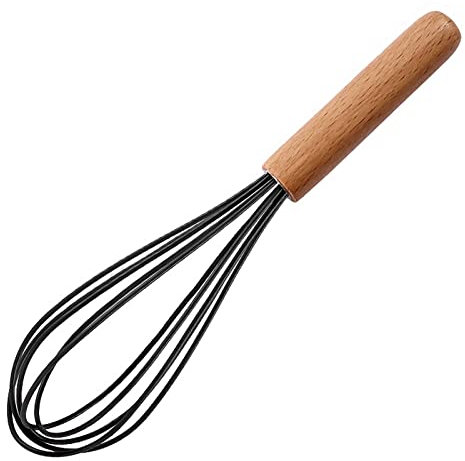 ohfruit 10 Inch Silicone Whisk with Wooden Handle,Cream Mixer Manual Egg Beater Heat Resistant Kitchen Whisk Egg Shaker Mixer, Black Black