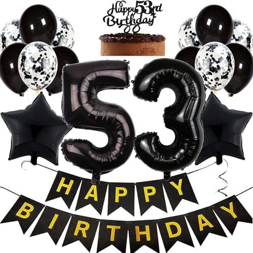 Feelairy Geburtstagsdeko 53 Jahre Frauen, Luftballon 53. Geburtstag Deko Männer, Schwarz Tortendeko Happy 53th Birthday Deko 53 Jahre Frau, Ballon 53. Geburtstag Mann Party Dekoration Set