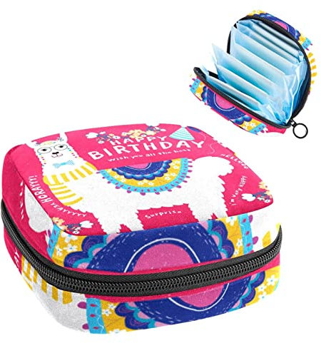 Happy Birthday Pink Alpaka Lama Period Pouch Portable Tampon Aufbewahrungstasche für Damenbinden, Mehrfarbig, 4.7x6.6x6.6 in/12x17x17 cm