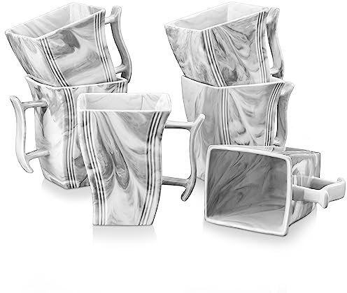 MALACASA Série FLORA Grandes Tasses à Café en Céramique, Tasses à Cappuccino en Marbre 420 ml, Mugs Porcelaine en Carrée Lot de 6, Tasse Expresso