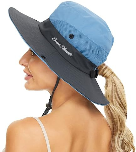 KorhLeoh Women's Outdoor UV-Protection-Foldable Sun-Hats Mesh Wide-Brim Beach Fishing Hat with Ponytail-Hole Blue