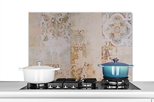 KitchenYeah© Küchenrückwand Platte Spritzschutz Küche Deko Aluminium Platte Wandschutz Küchen Zubehör WandverkleidungFliesen - Vintage - Braun - Antik - 90x60 cm