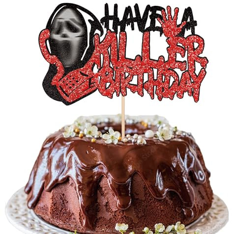 Xsstarmi 1 Pack Have a Killer Birthday Cake Topper Glitter Horror Movie Scream Cake Pick Bloody Horror Call Cake Decorations for Halloween Theme Birthday Party Supplies Black