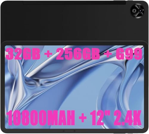 DOOGEE T20 Ultra 12 Inch Tablet 2.4K, 32GB+ROM 256GB (TF 2TB), 10800mAh Battery, 16MP+8MP Camera, Android 13, 4G-LTE, 2.4GHz&5GHz Wi-Fi Tablet, Face Unlocking & Bluetooth 5.2 Black