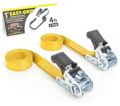 PowerTye - Lot de 2 sangles à cliquet sans fin – Prise en main facile (sans crochet), sangle d'arrimage jaune avec limite de charge de travail de 181,4 kg / résistance à la rupture – Idéal pour motos