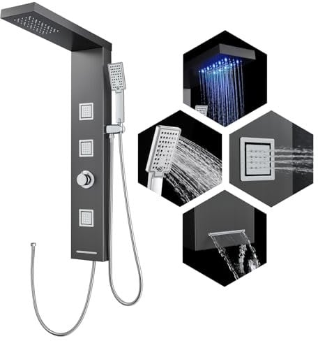 ROVOGO LED Duschpaneel ohne Armatur Grau, Duschsäule mit 4 Funktionen, Regendusche, Massagedusche, Handbrause und Wanneneinlauf für Badezimmer Dusche, Duschpaneele Edelstahl, Regendusche ohne Armatur
