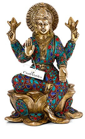 Amilav Collections Große Laxmi Idol-Statue aus Messing, Devi Göttin Lakshmi sitzend auf Lotus, dekorative Reichtumsfigur (1 Stück)