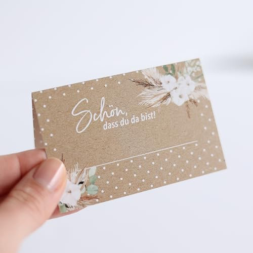 50 Tischkarten Eukalyptus Boho Design I Hochzeit oder Taufe I Platzkarten zum Selbst beschriften mit Text Schön dass du da bist I edle Sitzkarten made in Germany