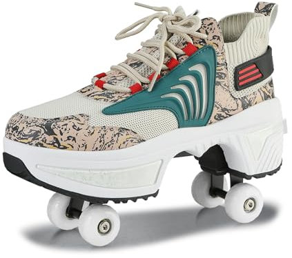 Schuhe mit Rollen für Jungen Mädchen, Rollschuhe mit 4 Einziehbaren Rädern, 2-in-1 Rollschuhen und Sneakers, Roller Skate Shoes für Kinder Teenager (Braun, 38)