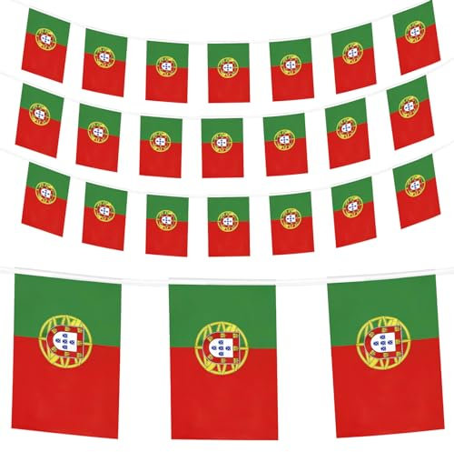 Portugal Bannieres 10M 30 Pièces Petits Drapeaux Portugais en Corde 21.5x14 cm Portugaise Compétition Internationale Stand Décoration de Clôture de Jardin Fête à Thème Décoration de Maison de Défilé