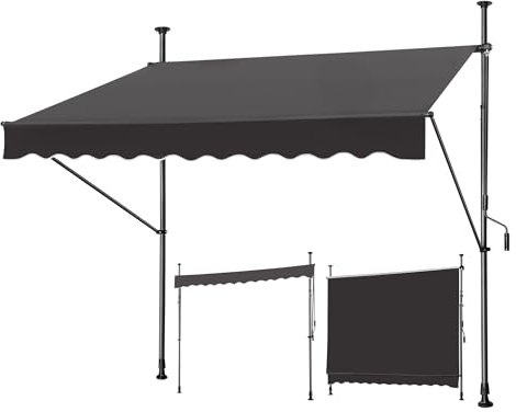 JNGLGO Klemmmarkise mit Handkurbel 250cm breit Balkonmarkise ohne Bohren Markise Höhenverstellbar Sonnenschutz UV-beständig für Balkon Terrasse, Anthrazit