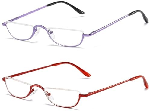 ABETOS Half Moon Reading Glasses Half Frame Semi Rimless Metal Strong Eyewear Spring Hinge Clear Lens Lightweight Fashion Computer Readers for Men Women