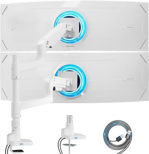 ARES WING Dual Monitor Arm for Ultrawide Heavy Duty Curved Stacking, Fits 17-49 Inch, Vertical Gas Spring Mount With USB, Adjustable for Desk, White