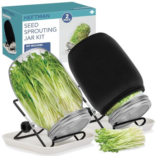 HEFTMAN Seed Sprouting Jar Kit - 2 Pack Microgreens Growing Kit Mason Sprouting Jar with Mesh Lids, Sprouting Tray, Stands, Shading Cloths & Brush - Broccoli, Mung Beans, Alfalfa, Bean Sprouter Kit