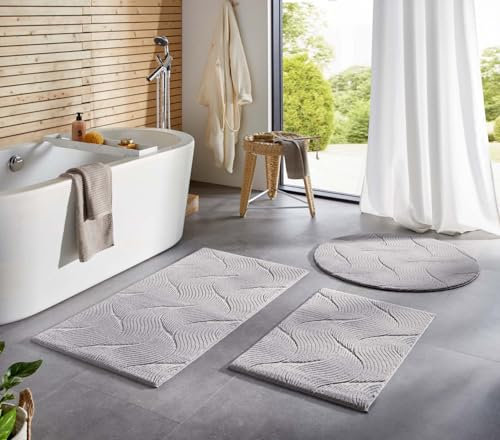 Taracarpet Badematte Homestyle rutschfest waschbar Badezimmerteppich Bad-Vorleger, WC Deko, Duschvorleger für Dusche und Badewannen sehr weich und als Set kombinierbar Grau Dühne 080 cm rund