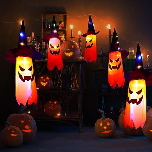5 Halloween Lichterkette Geister, 3 Meter Halloween Lichterkette Outdoor, 50 LED Hängende Geister Geist Deko, Orangefarbene Halloween Deko Geister LED mit Batteriebetrieb, für Halloween-Partys