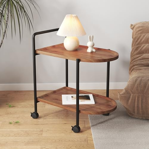 GOLDFAN Rolling 2-Tier Wooden Side Table, Sofa end Table Movable Coffee Table on Wheel Narrow Side Table for Living Room, Bedroom Lounge
