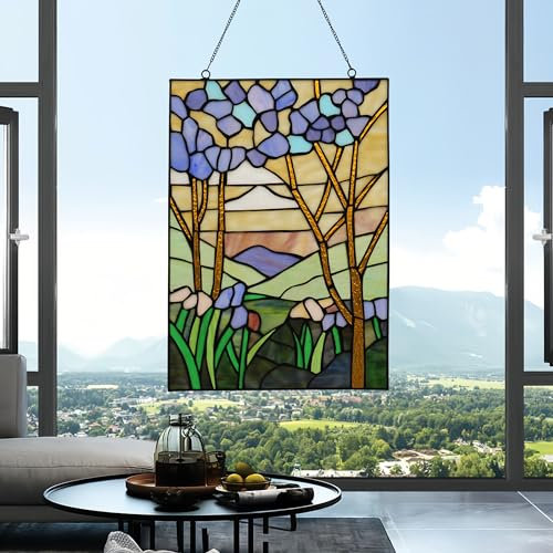 YOURANJU Stained Glass Window Hanging 16 H x 11 W Tiffany Style Rectangular Window Panel Suitable for Living Room Bedroom Kitchen Window Decoration Hangings with Chain (Sunset)