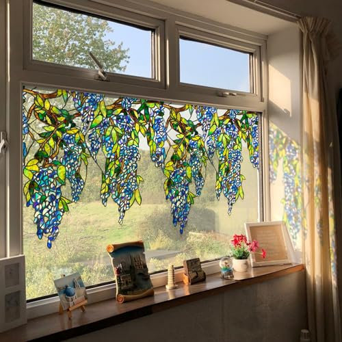 Neukids Original handbemalte Blaue Reben Fensterfolie,Farbige Reben Glasfolie Selbstklebend,Transparente elektrostatische Aufkleber Werden für Wohnzimmer Schlafzimmer Küche Folie Für Fenster- 43×172cm